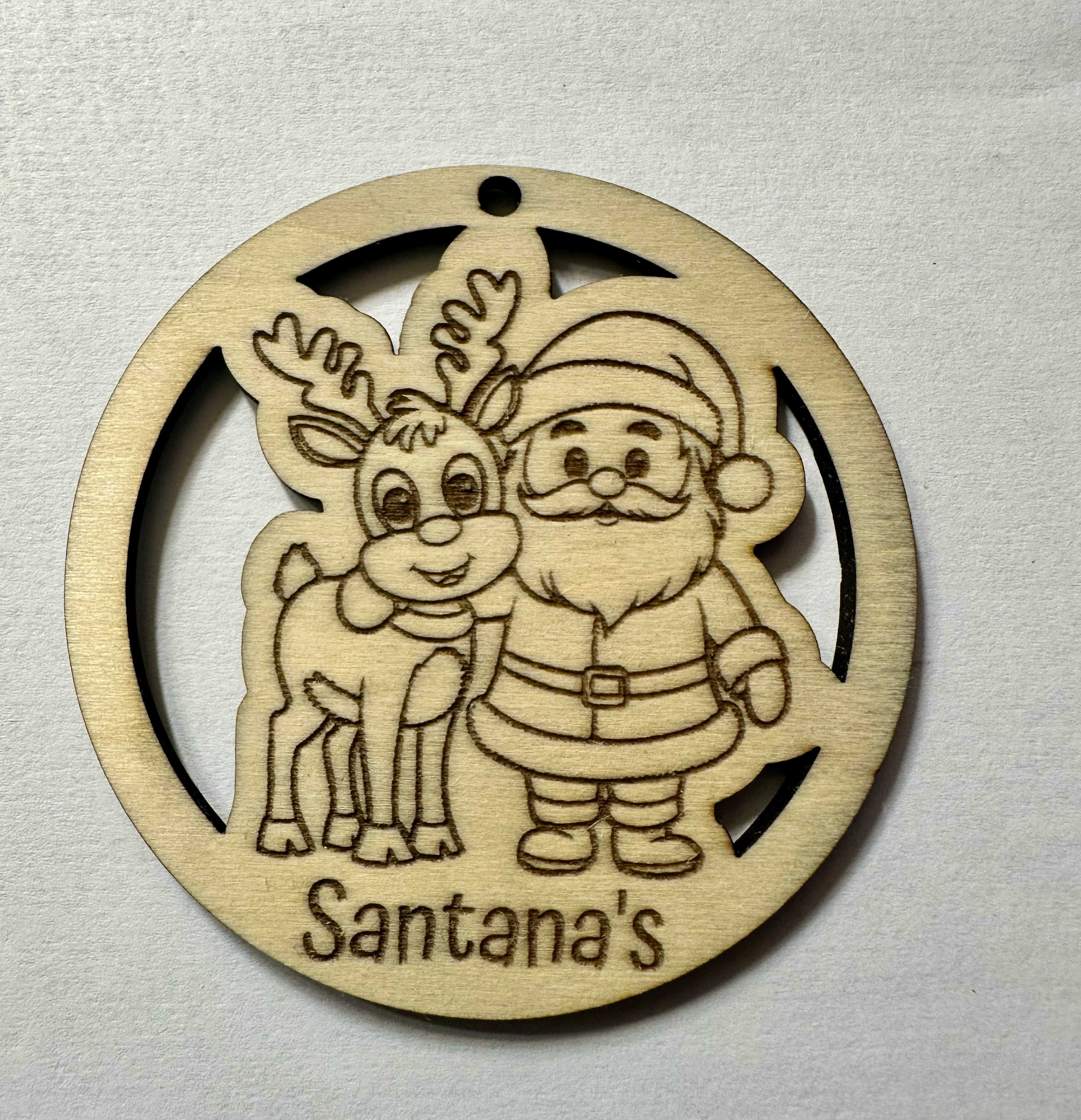 Personalized Santa & Rudolph Laser-Engraved Wooden Ornament