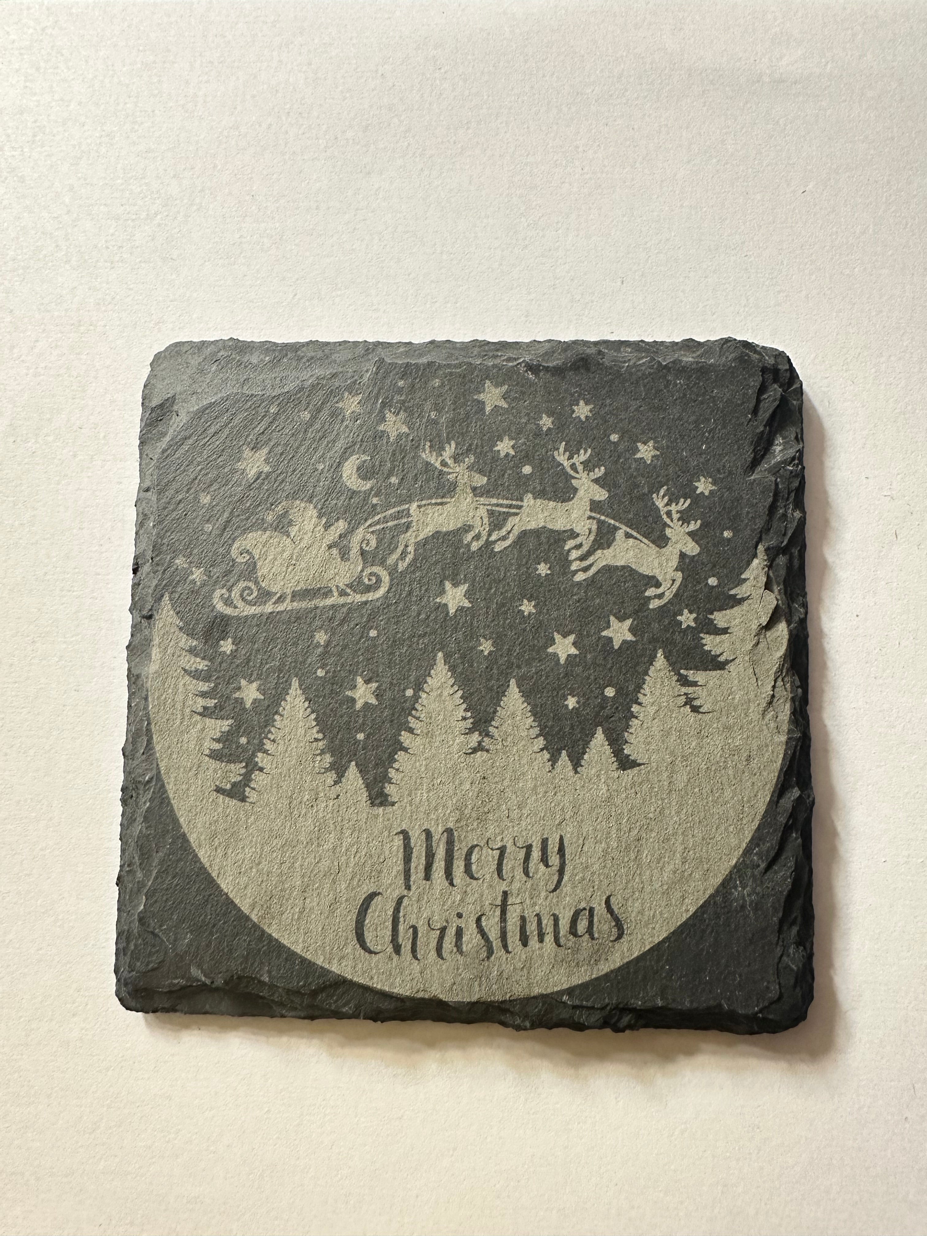 Merry Christmas Santa Sleigh Laser-Engraved Slate Coaster