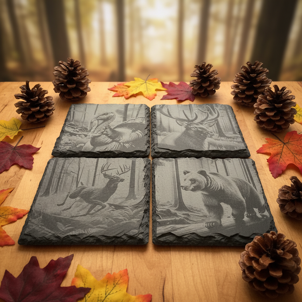 Wildlife slate coaster set displayed on a rustic wooden surface with forest backdrop