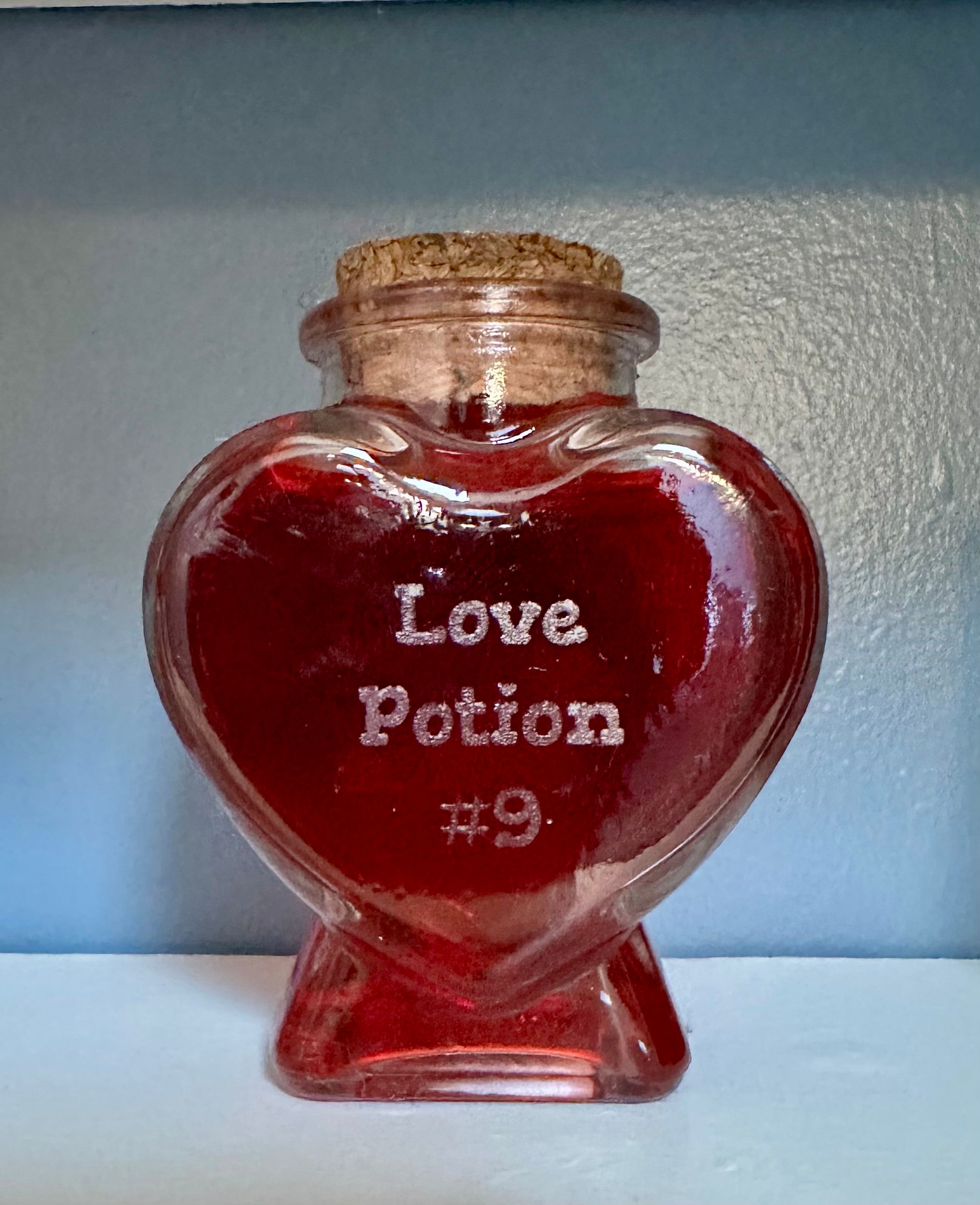 Love Potion #9 Heart-Shaped Glass Bottle with Cork